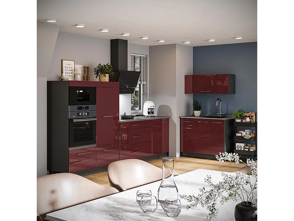 Cocina rojo burdeos alto brillo/antracita 380x60x153.6 fame-line