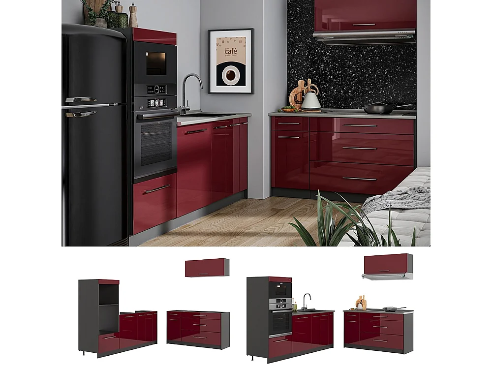 Cocina rojo burdeos alto brillo/antracita 340x60x153.6 fame-line