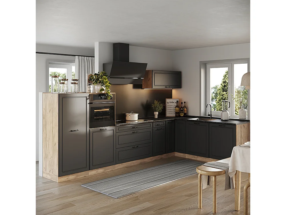 Cuisine en angle anthracite campagne/chêne doré 347x60x143 r-line