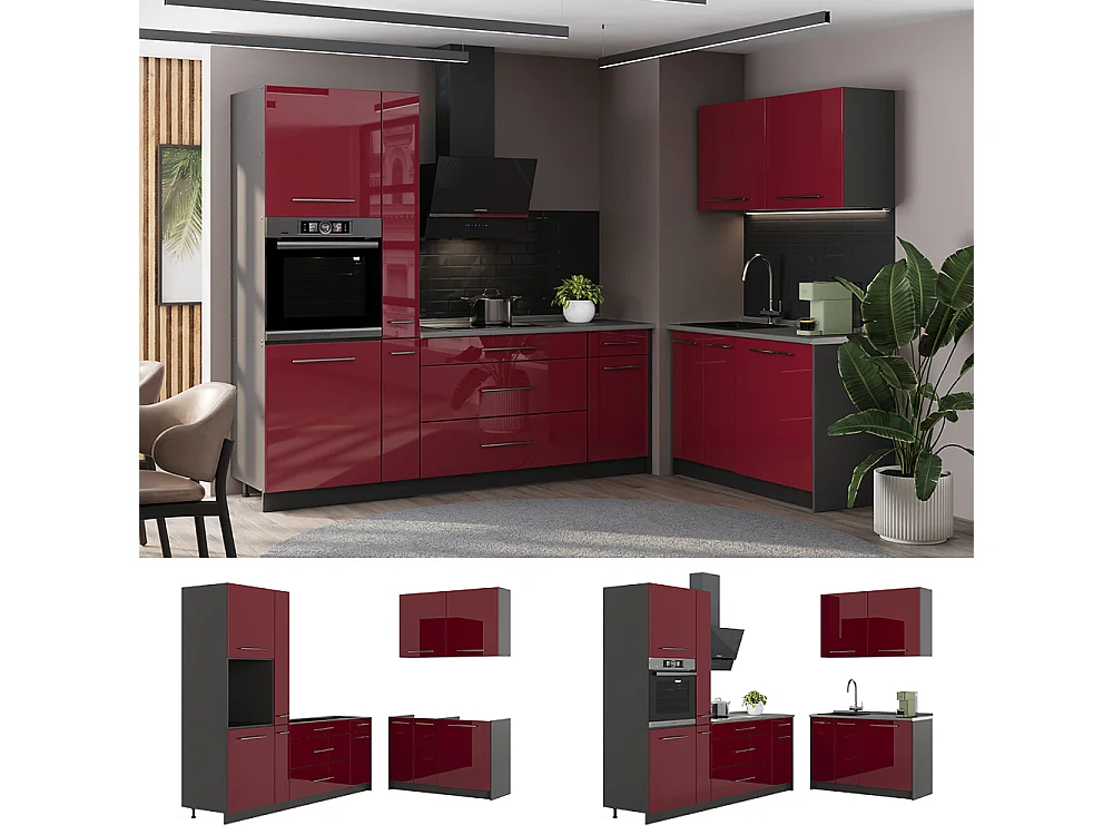 Cuisine rouge bordeaux haute brillance/anthracite 220x60x206.8 fame-line