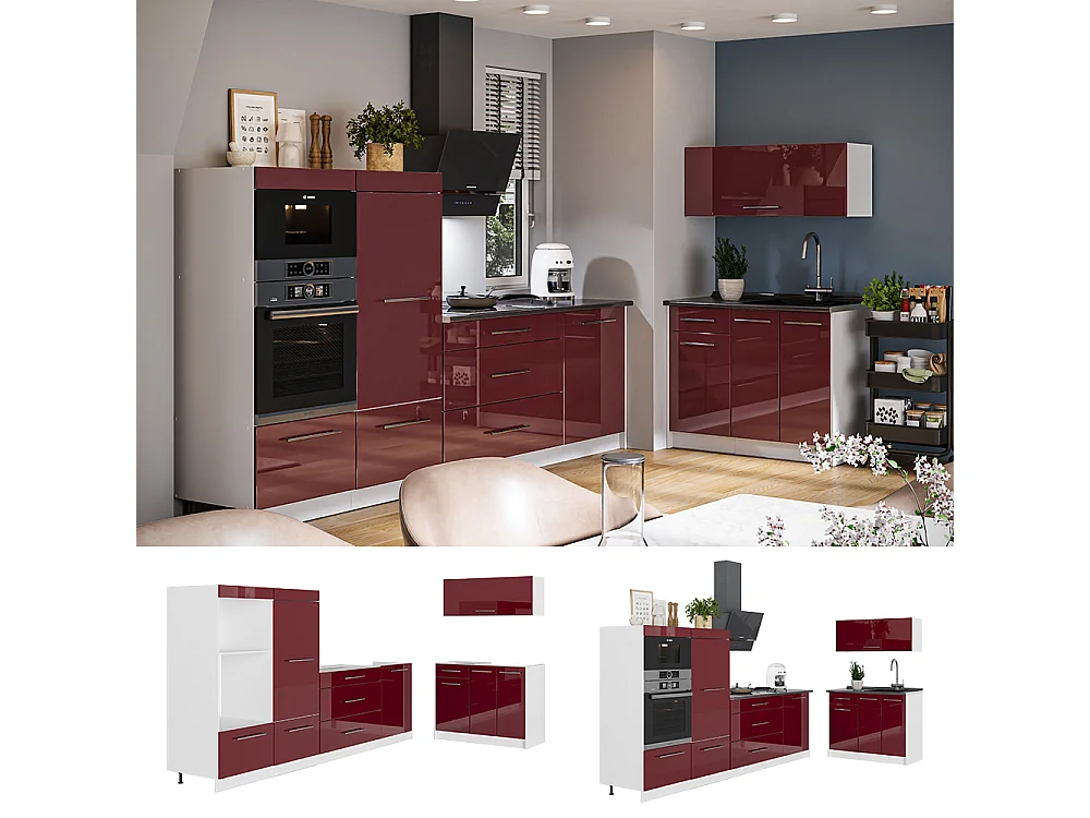 Cocina rojo burdeos alto brillo/blanco 380x60x153.6 fame-line