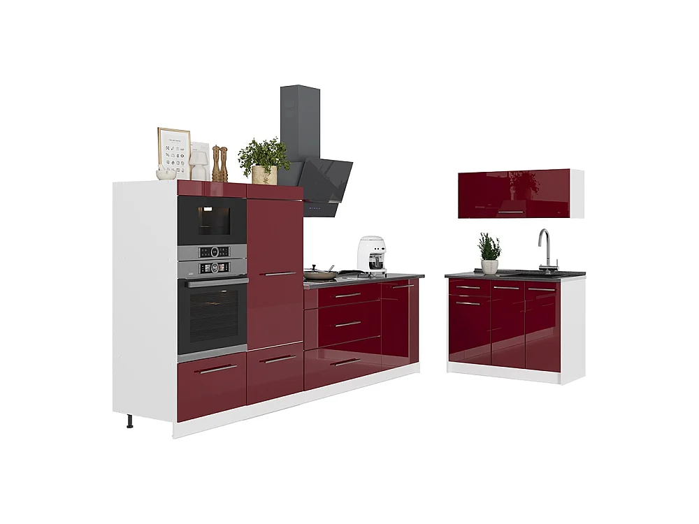 Cocina rojo burdeos alto brillo/blanco 380x60x153.6 fame-line