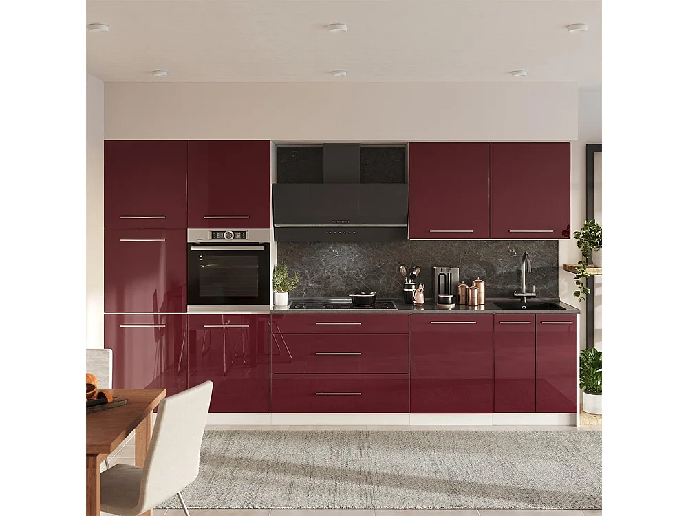 Mueble de cocina rojo burdeos alto brillo/blanco 340x60x206.8 fame-line