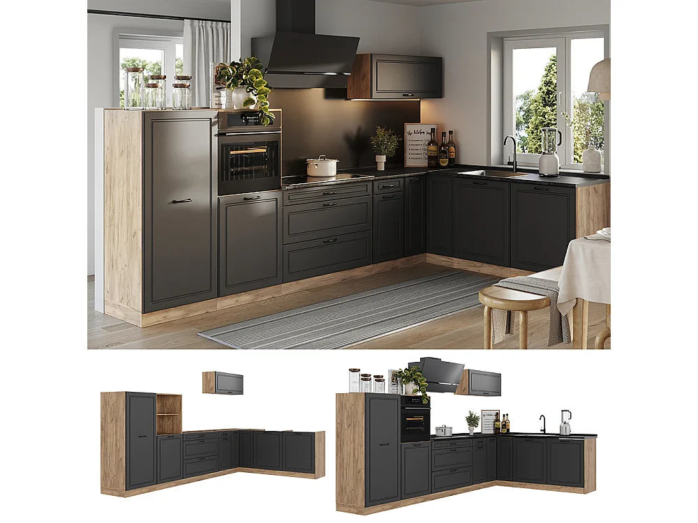 Cuisine en angle anthracite campagne/chêne doré 347x60x143 r-line
