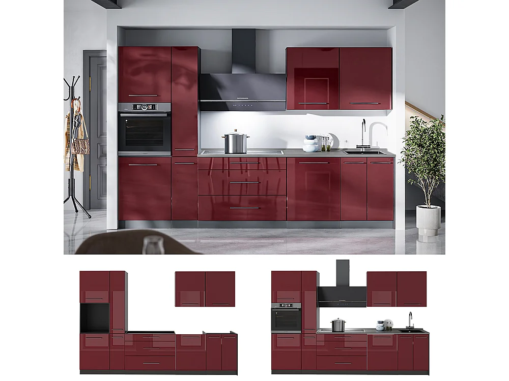 Cuisine rouge bordeaux haute brillance/anthracite 310x60x206.8 fame-line