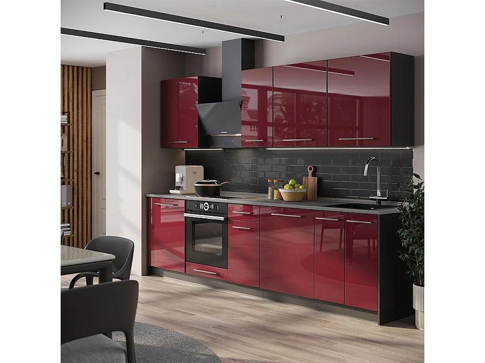 Mueble de cocina rojo burdeos alto brillo/antracita 280x60x82 fame-line