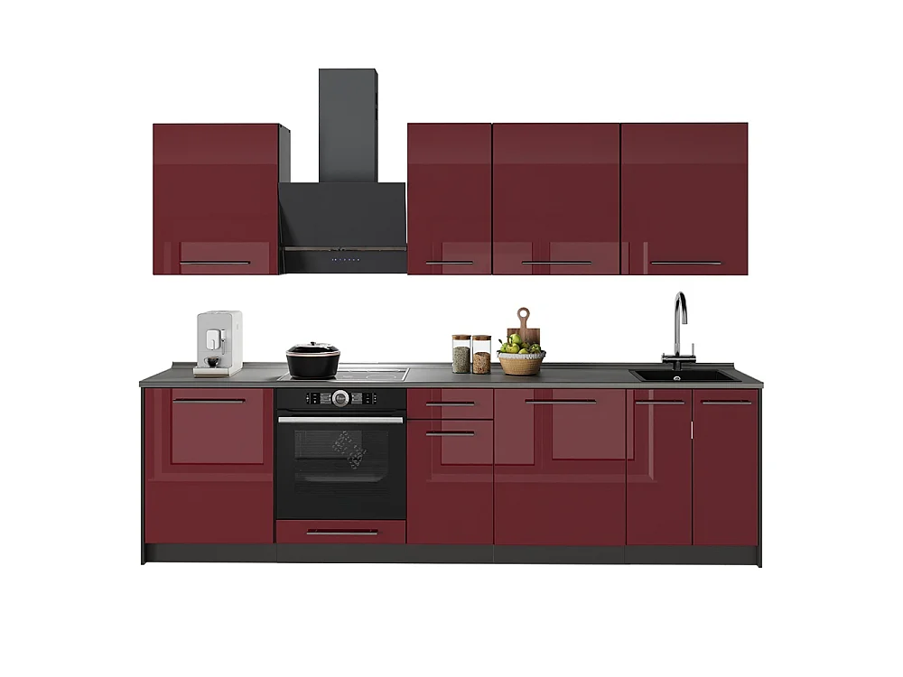 Mueble de cocina rojo burdeos alto brillo/antracita 280x60x82 fame-line