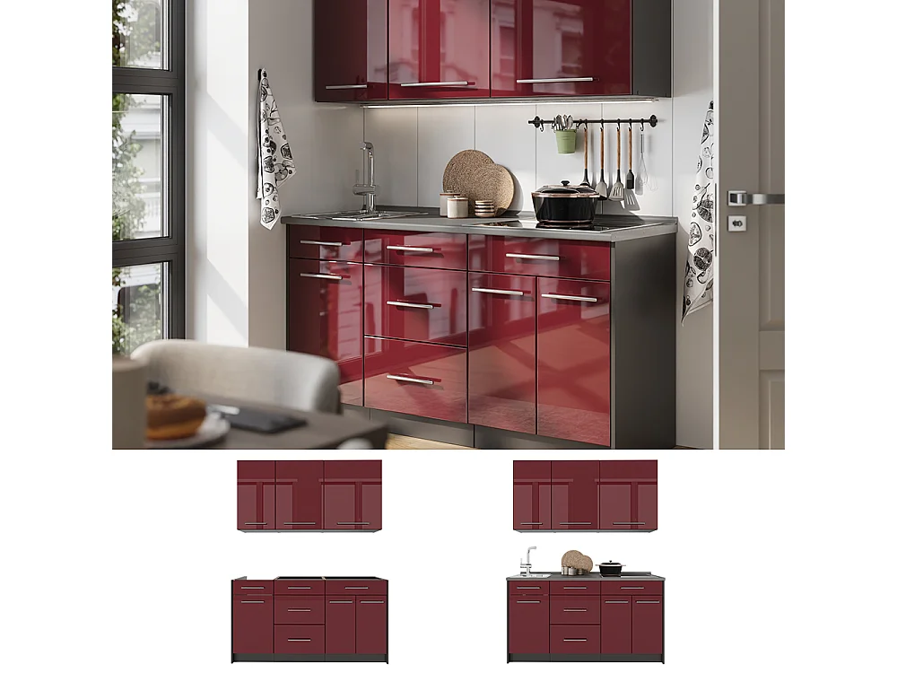 Cocina para solteros rojo burdeos alto brillo/antracita 150x60x82 fame-line