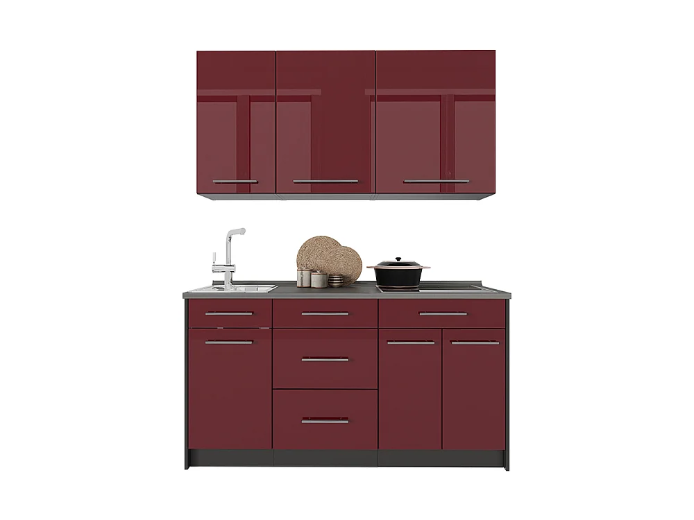 Cocina para solteros rojo burdeos alto brillo/antracita 150x60x82 fame-line