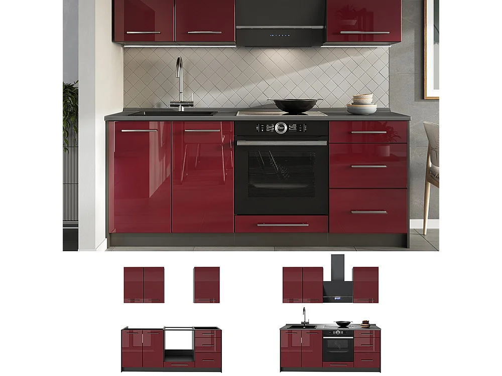 Cocina para solteros rojo burdeos alto brillo/antracita 190x60x82 fame-line