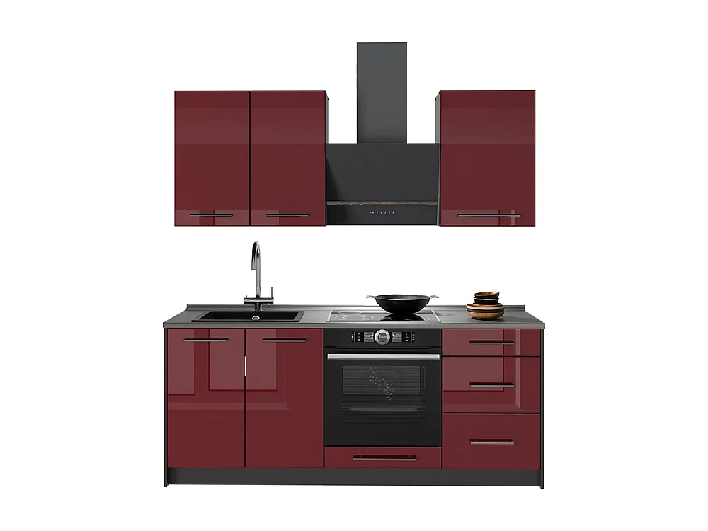 Cocina para solteros rojo burdeos alto brillo/antracita 190x60x82 fame-line