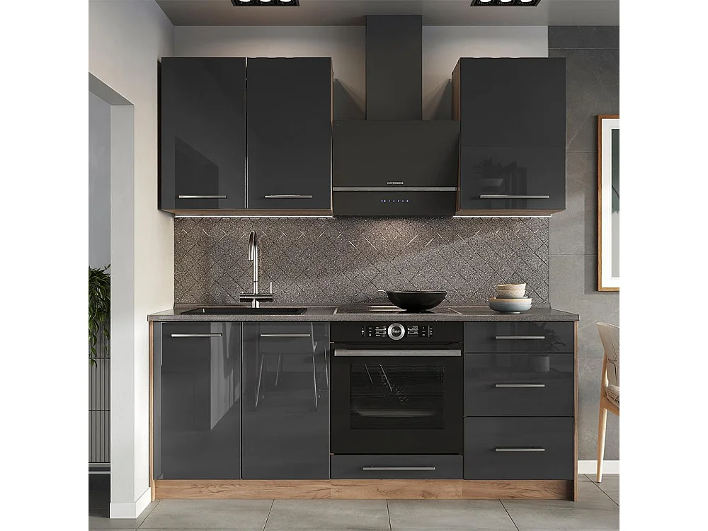Cuisine anthracite haute brillance/chêne de force doré 190x60x82 fame-line