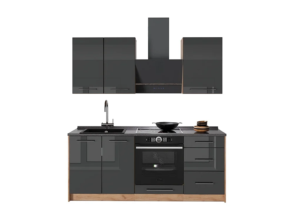 Cuisine anthracite haute brillance/chêne de force doré 190x60x82 fame-line