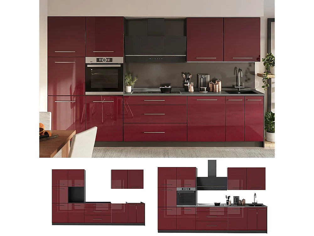 Cuisine rouge bordeaux haute brillance/anthracite 340x60x206.8 fame-line
