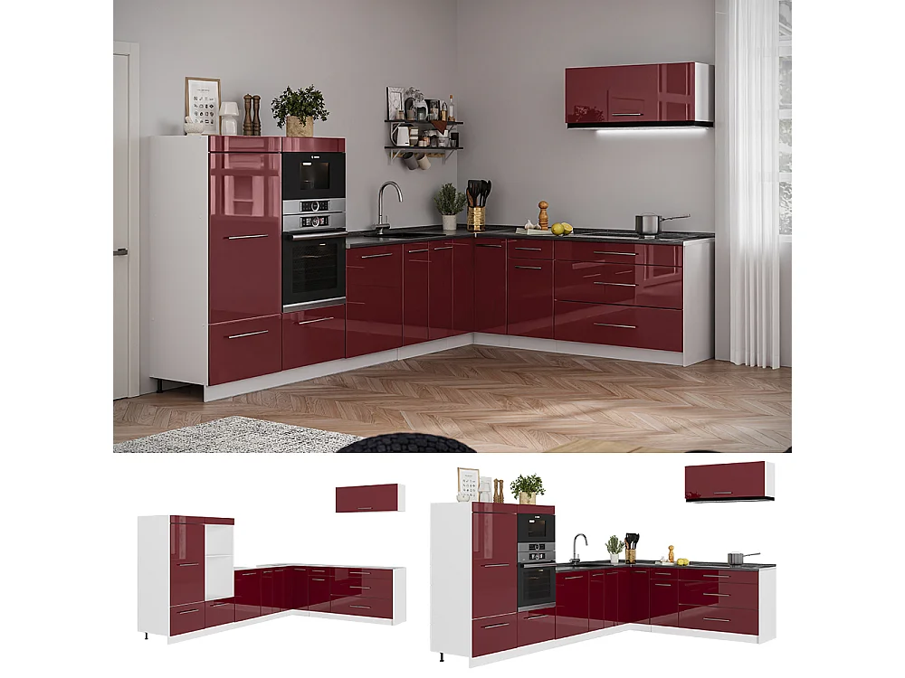Cocina esquinera rojo burdeos alto brillo/blanco 327x60x153.6 fame-line