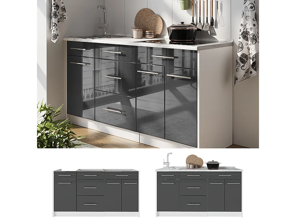 Bloc de cuisine anthracite haute brillance/blanc 150x60x82 fame-line