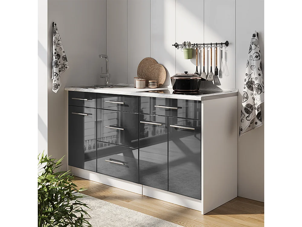 Bloc de cuisine anthracite haute brillance/blanc 150x60x82 fame-line