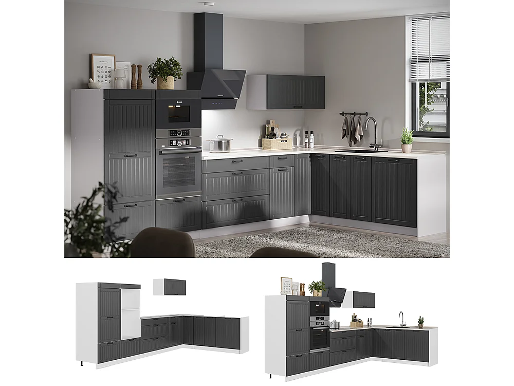 Cuisine en angle gris foncé/blanc 347x60x153.6 fame-line