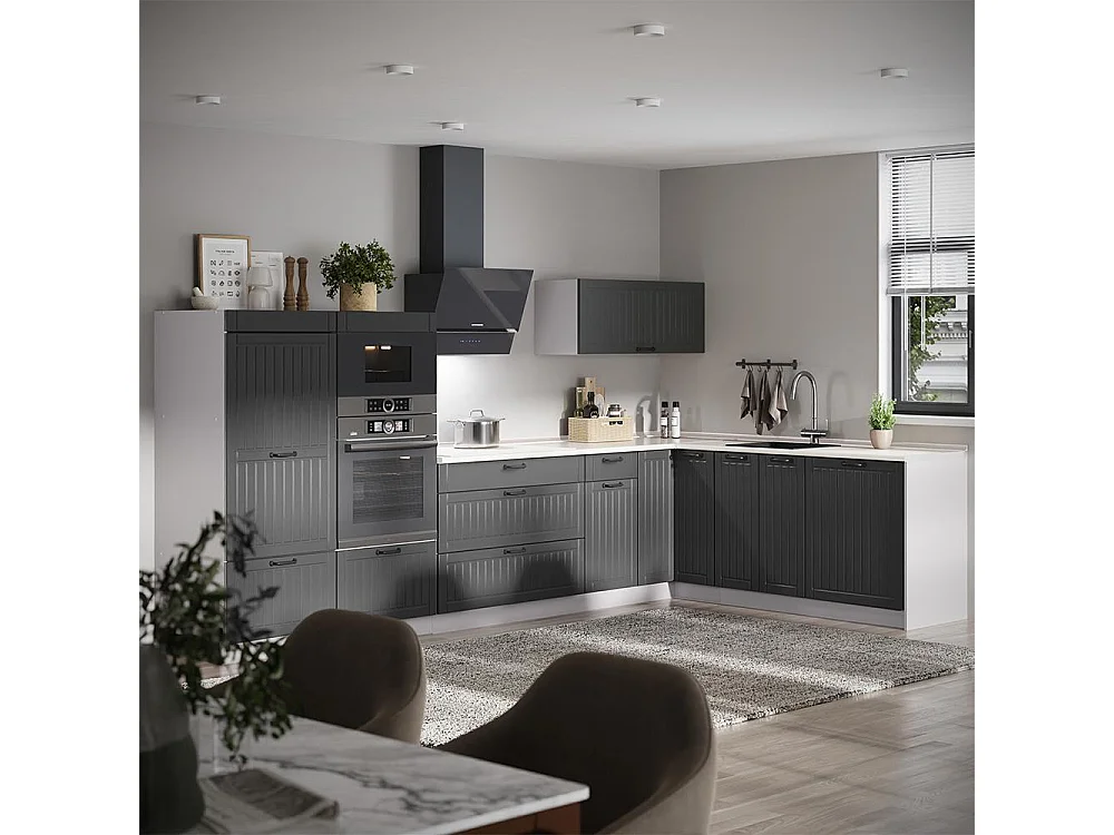Cuisine en angle gris foncé/blanc 347x60x153.6 fame-line