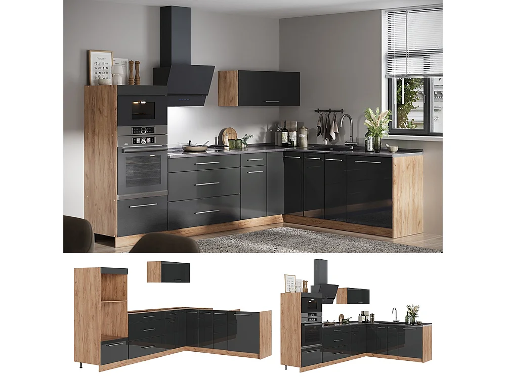 Kuchnia narożna antracyt połysk/dąb goldkraft 287x60x153.6 fame-line