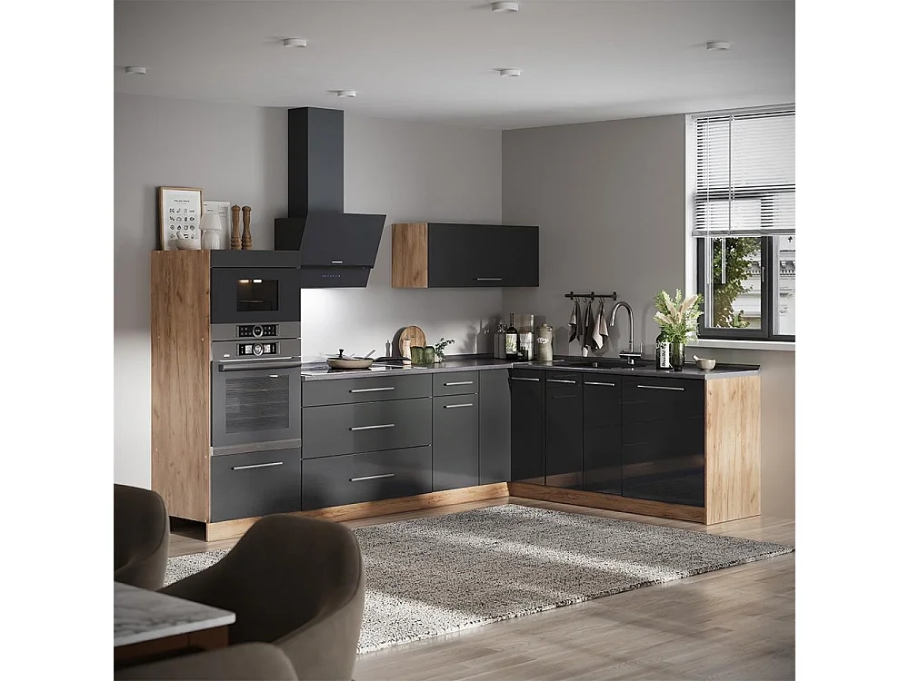 Kuchnia narożna antracyt połysk/dąb goldkraft 287x60x153.6 fame-line