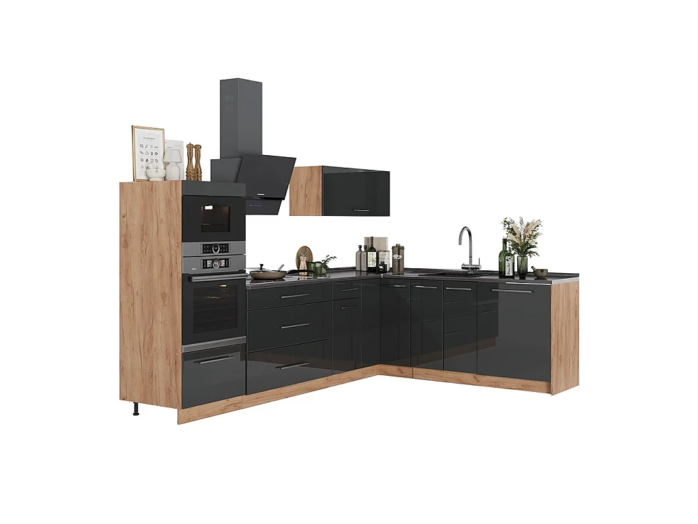 Kuchnia narożna antracyt połysk/dąb goldkraft 287x60x153.6 fame-line