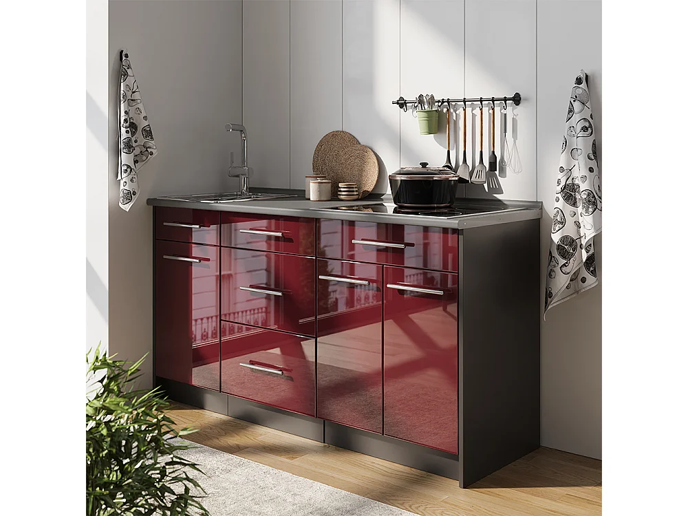 Bloque de cocina rojo burdeos alto brillo 150x60x82 fame-line