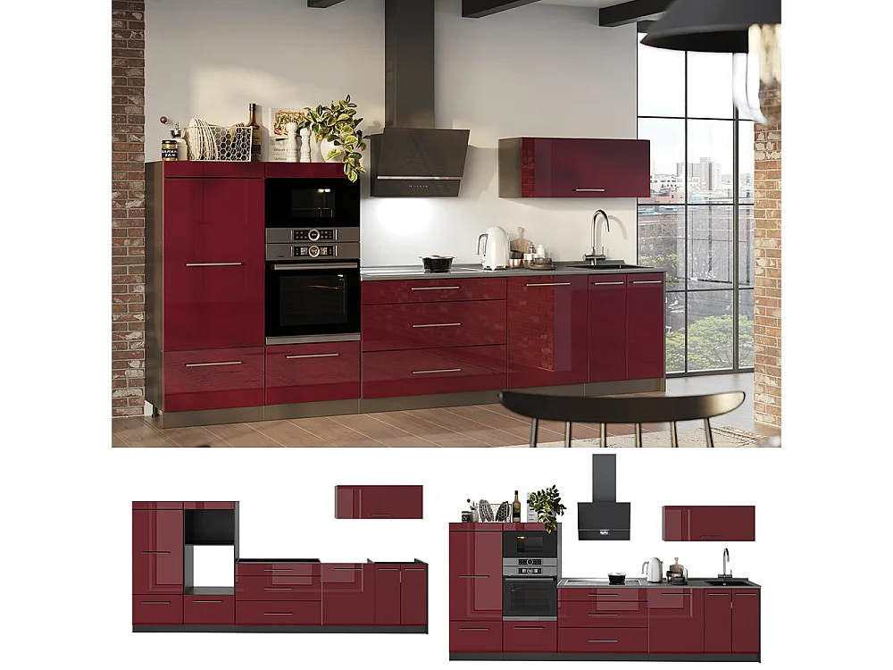 Cuisine rouge bordeaux haute brillance/anthracite 340x60x153.6 fame-line