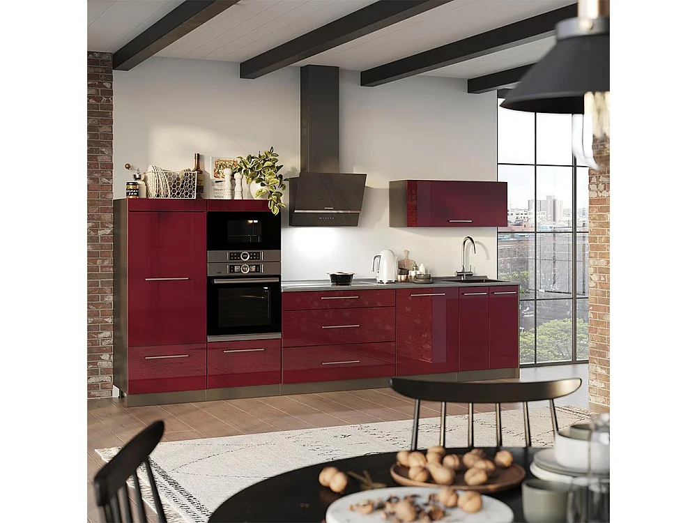 Cuisine rouge bordeaux haute brillance/anthracite 340x60x153.6 fame-line