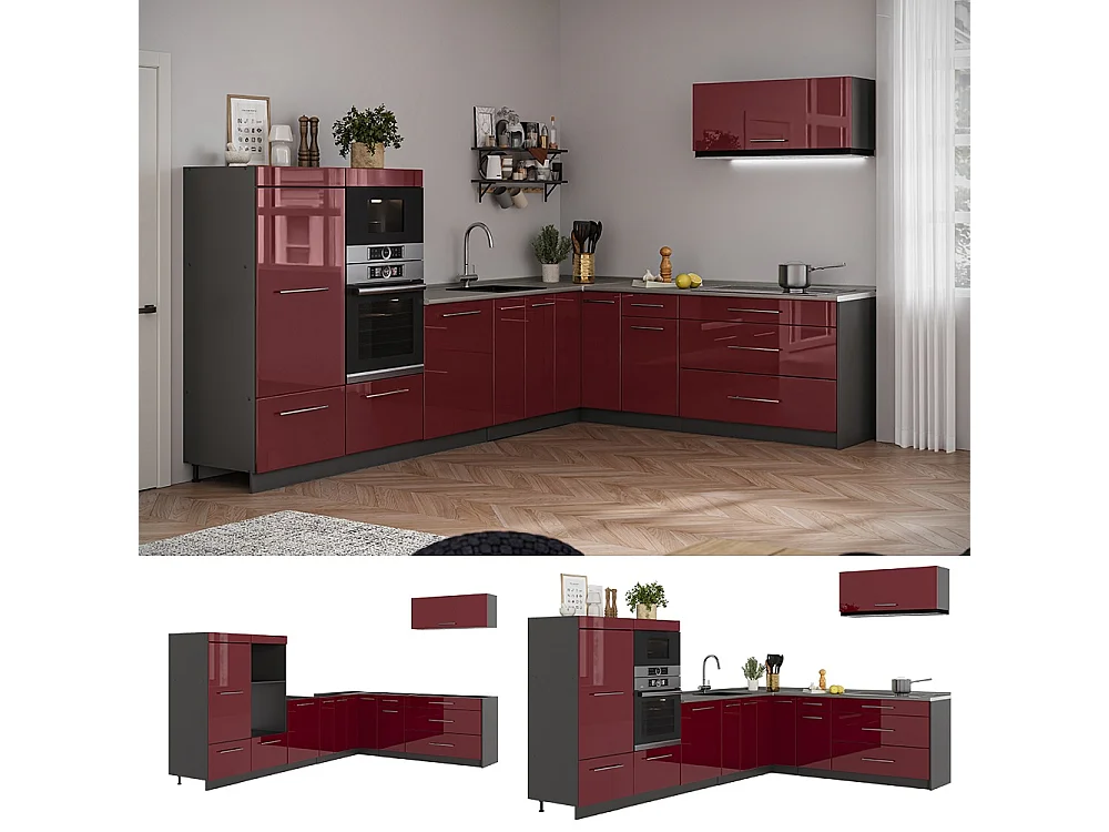 Cuisine en angle rouge bordeaux haute brillance/anthracite 327x51.6x153.6 fame-line