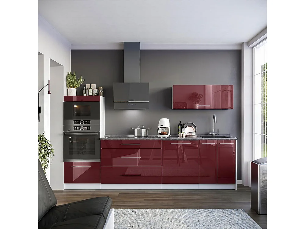 Mueble de cocina rojo burdeos alto brillo/blanco 280x60x153.6 fame-line