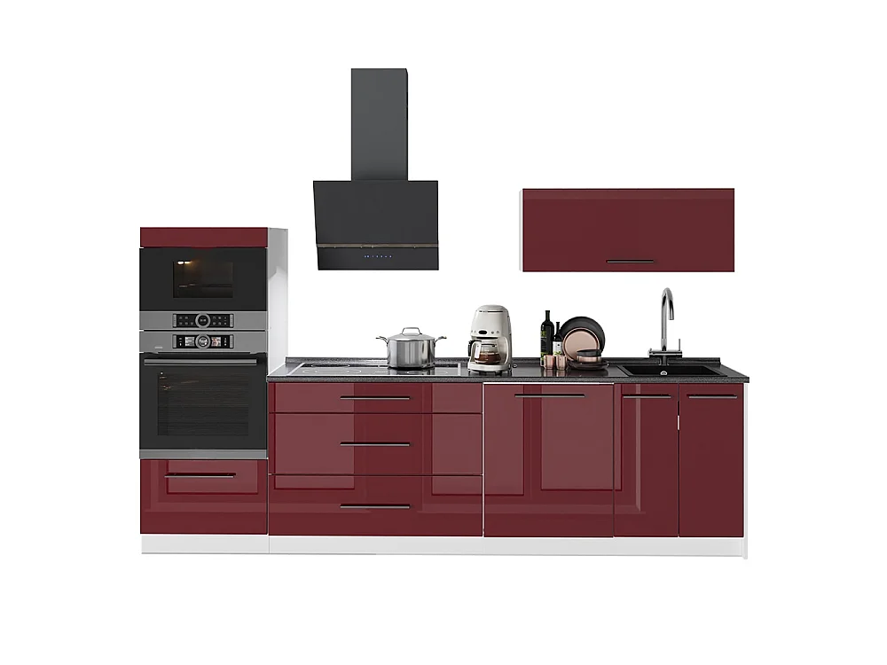 Mueble de cocina rojo burdeos alto brillo/blanco 280x60x153.6 fame-line