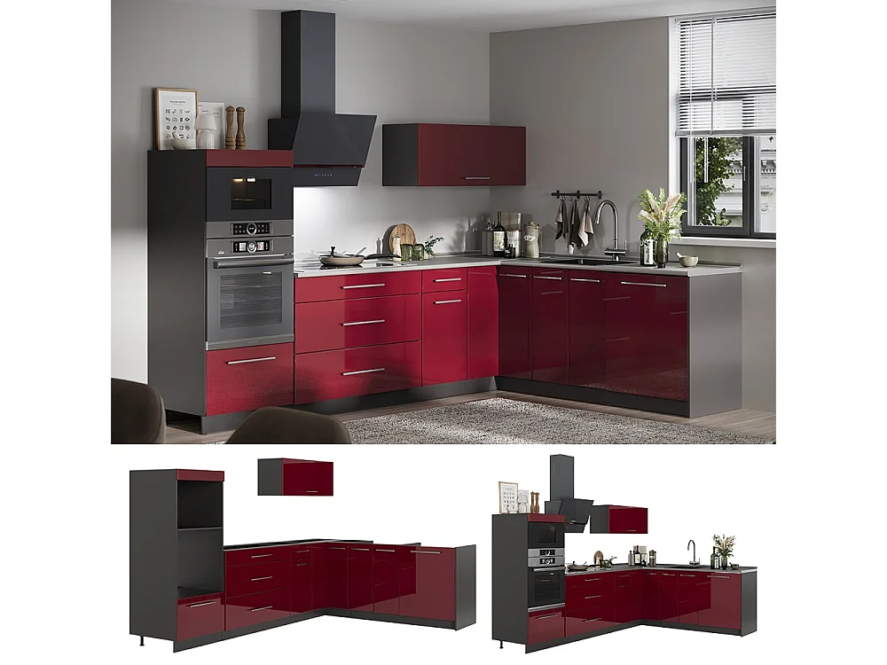 Cocina esquinera rojo burdeos alto brillo/antracita 287x60x153.6 fame-line