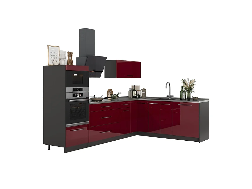 Cocina esquinera rojo burdeos alto brillo/antracita 287x60x153.6 fame-line