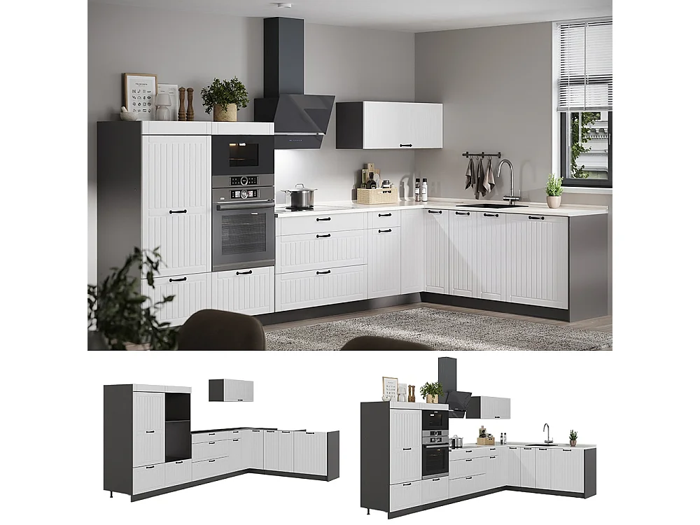 Hörnkök vitt hus på landet/antracit 347x60x153.6 fame-line