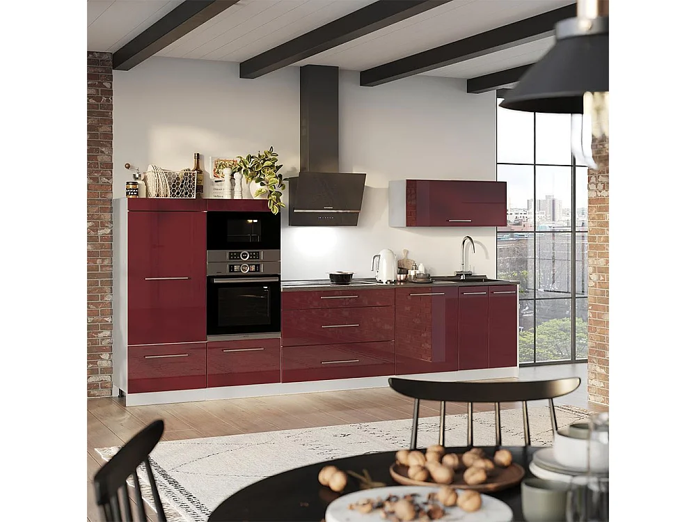 Mueble de cocina rojo burdeos alto brillo/blanco 340x51.6x153.6 fame-line