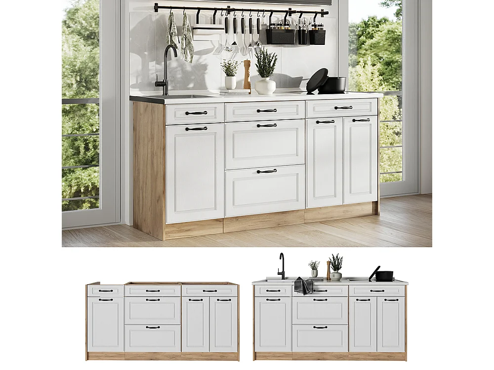 Bloc de cuisine blanc campagne/chêne doré 160x46x81.6 r-line
