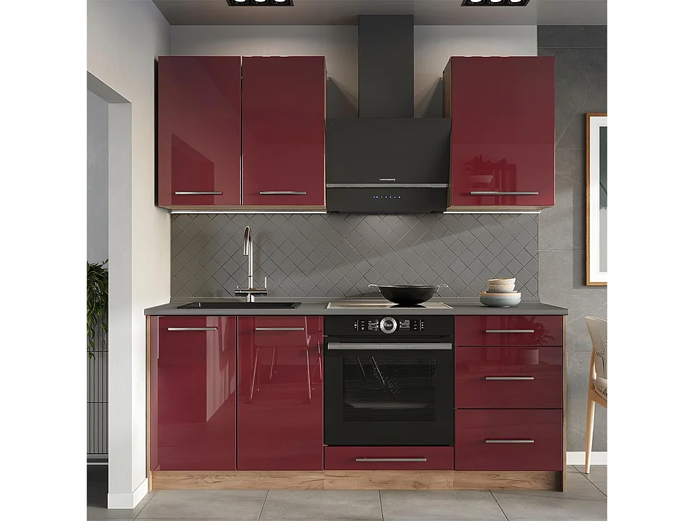 Cocina para solteros rojo burdeos alto brillo/roble dorado 190x60x82 fame-line