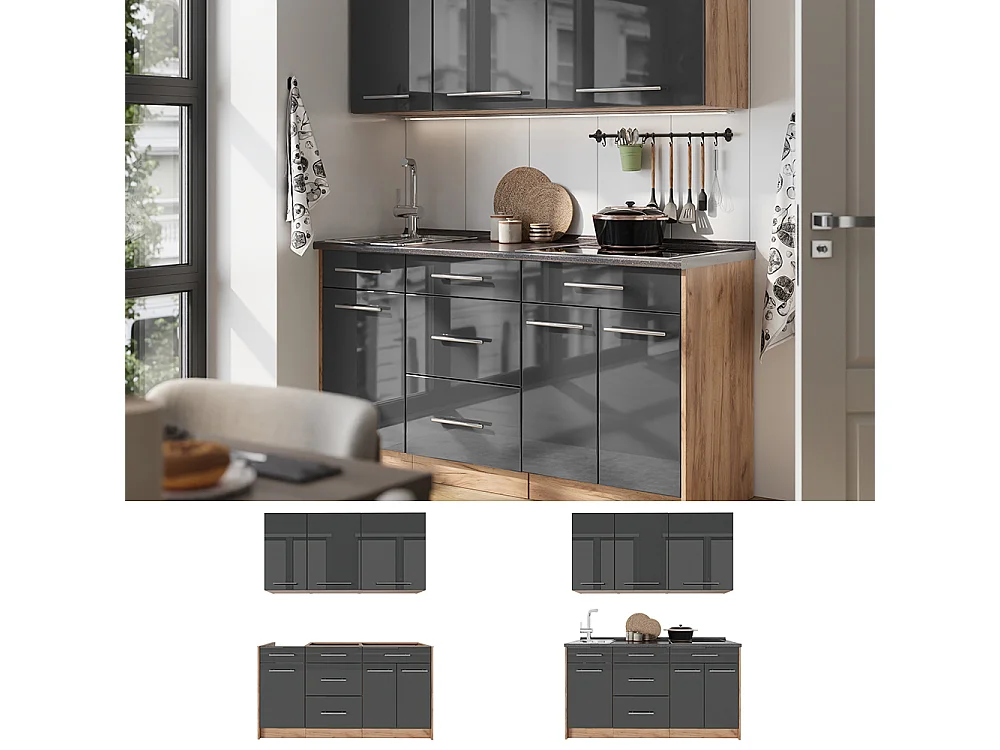 Cuisine anthracite haute brillance/chêne de force doré 150x60x82 fame-line