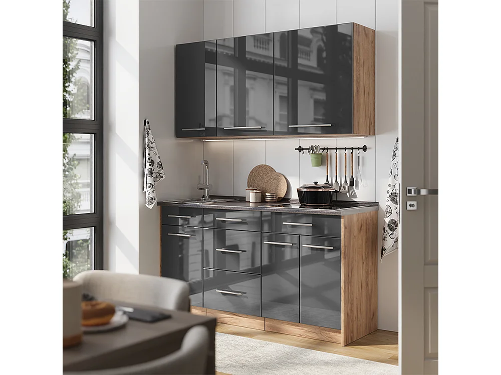 Cuisine anthracite haute brillance/chêne de force doré 150x60x82 fame-line
