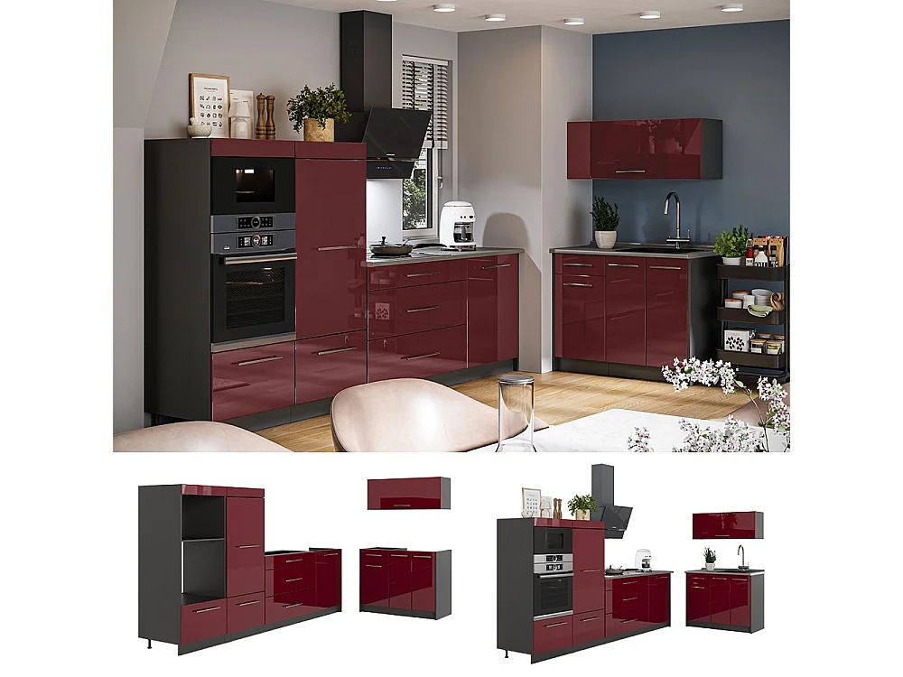 Cocina rojo burdeos alto brillo/antracita 380x60x153.6 fame-line