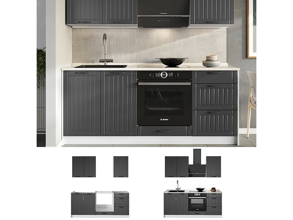 Cuisine gris foncé/blanc 190x60x82 fame-line