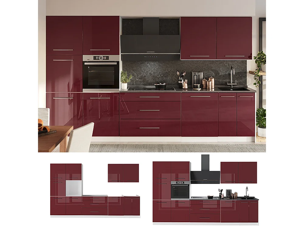Mueble de cocina rojo burdeos alto brillo/blanco 340x60x206.8 fame-line