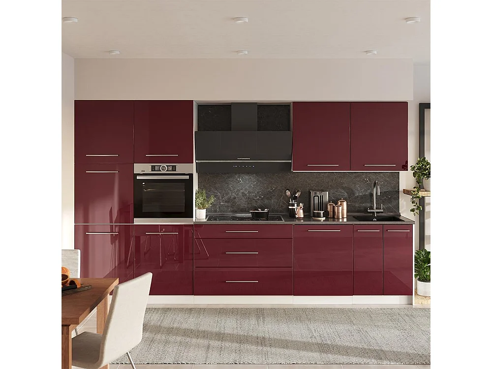 Mueble de cocina rojo burdeos alto brillo/blanco 340x60x206.8 fame-line