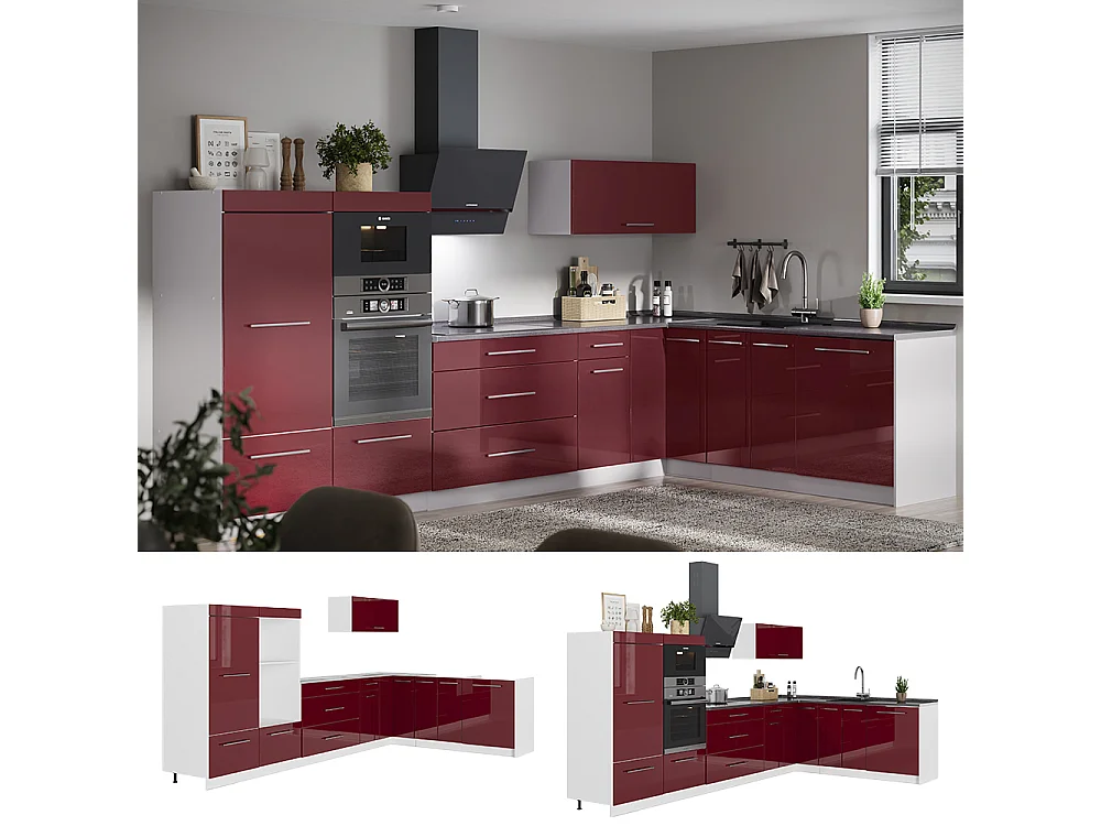 Cocina esquinera rojo burdeos alto brillo/blanco 347x51.6x153.6 fame-line