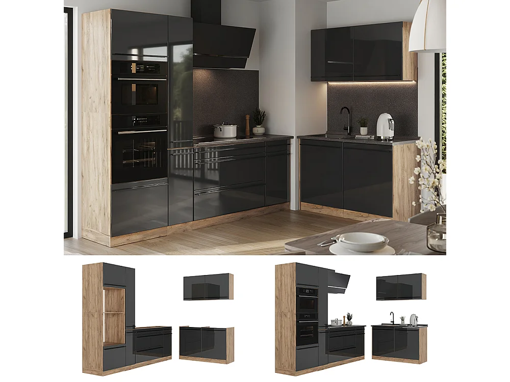 Cuisine en angle anthracite haute brillance/chêne doré 230x60x206.8 r-line
