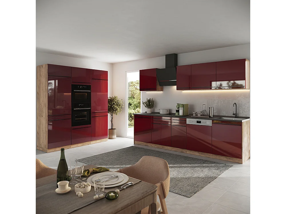 Mueble de cocina rojo de alto brillo/roble dorado 180x60x206.8 r-line