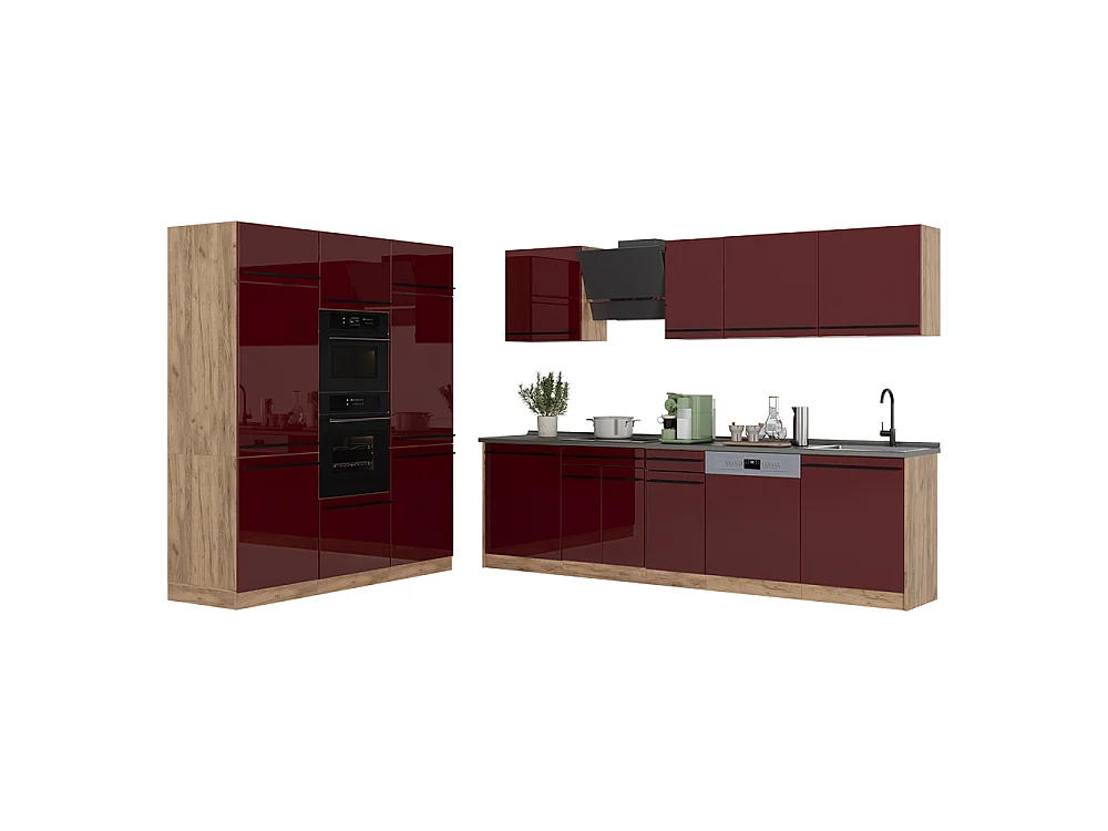 Mueble de cocina rojo de alto brillo/roble dorado 180x60x206.8 r-line