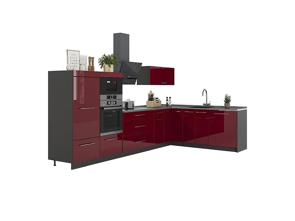 Cocina esquinera rojo burdeos alto brillo/antracita 347x51.6x153.6 fame-line