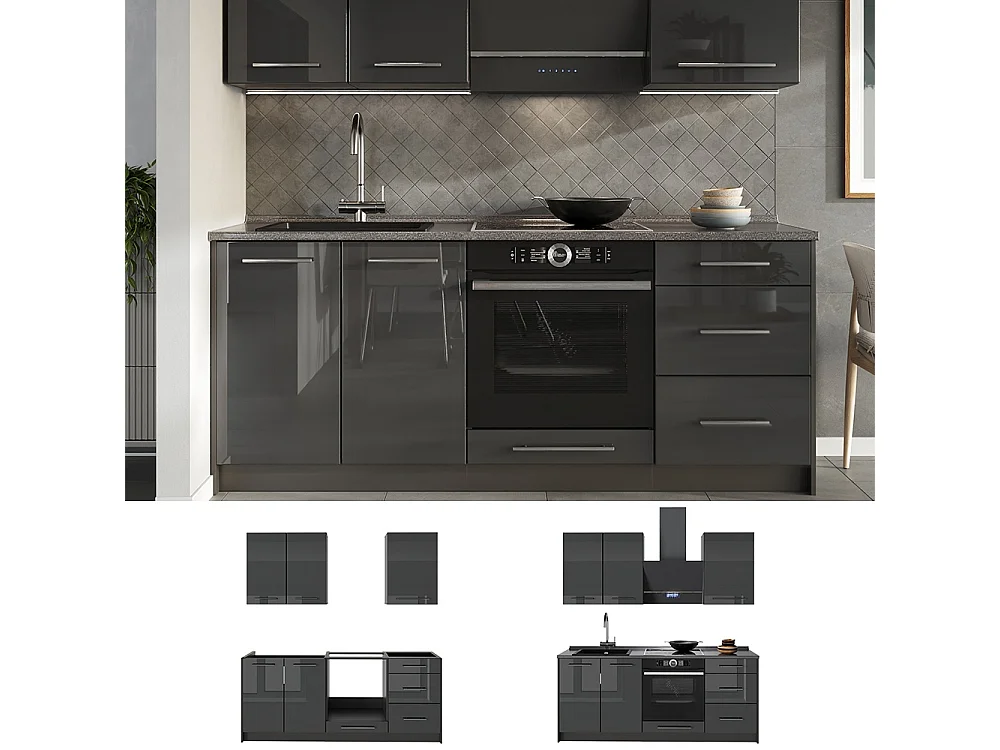 Cuisine anthracite haute brillance/anthracite 190x60x82 fame-line